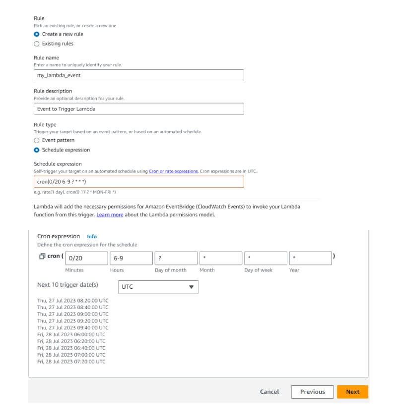 Figure 5: AWS Management Console Showcasing the Use of a Cron Schedule to Trigger a Lambda Function