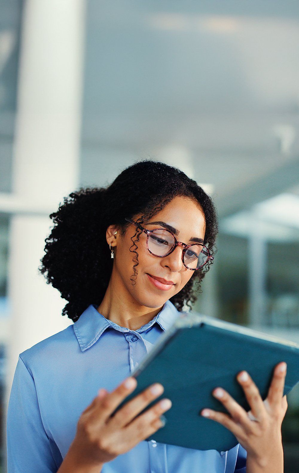 Office, tablet and woman with glasses, reading and risk assessment for investment proposal and info. Business, financial analyst and person with tech for asset management, research and budget review